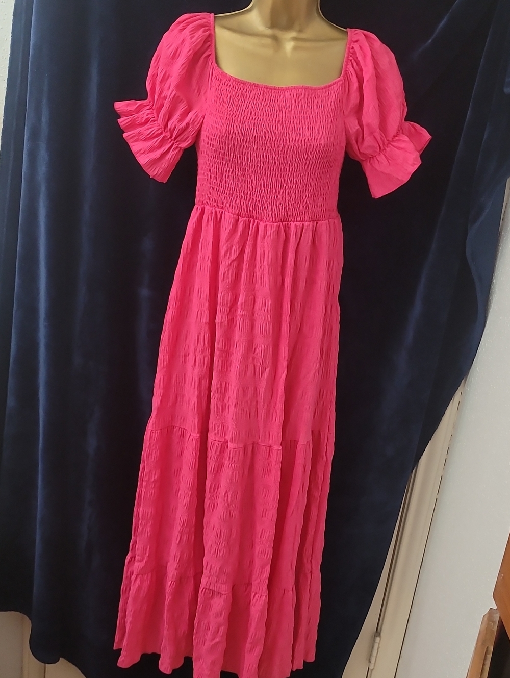 SHEIN Hot Pink Smocked Puff Sleeve Maxi Dress